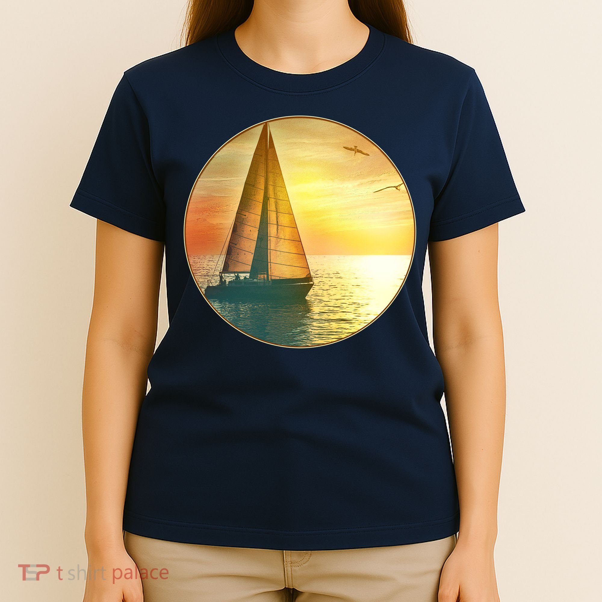 Vintage Ocean Sunset Sailboat Scene T-Shirt