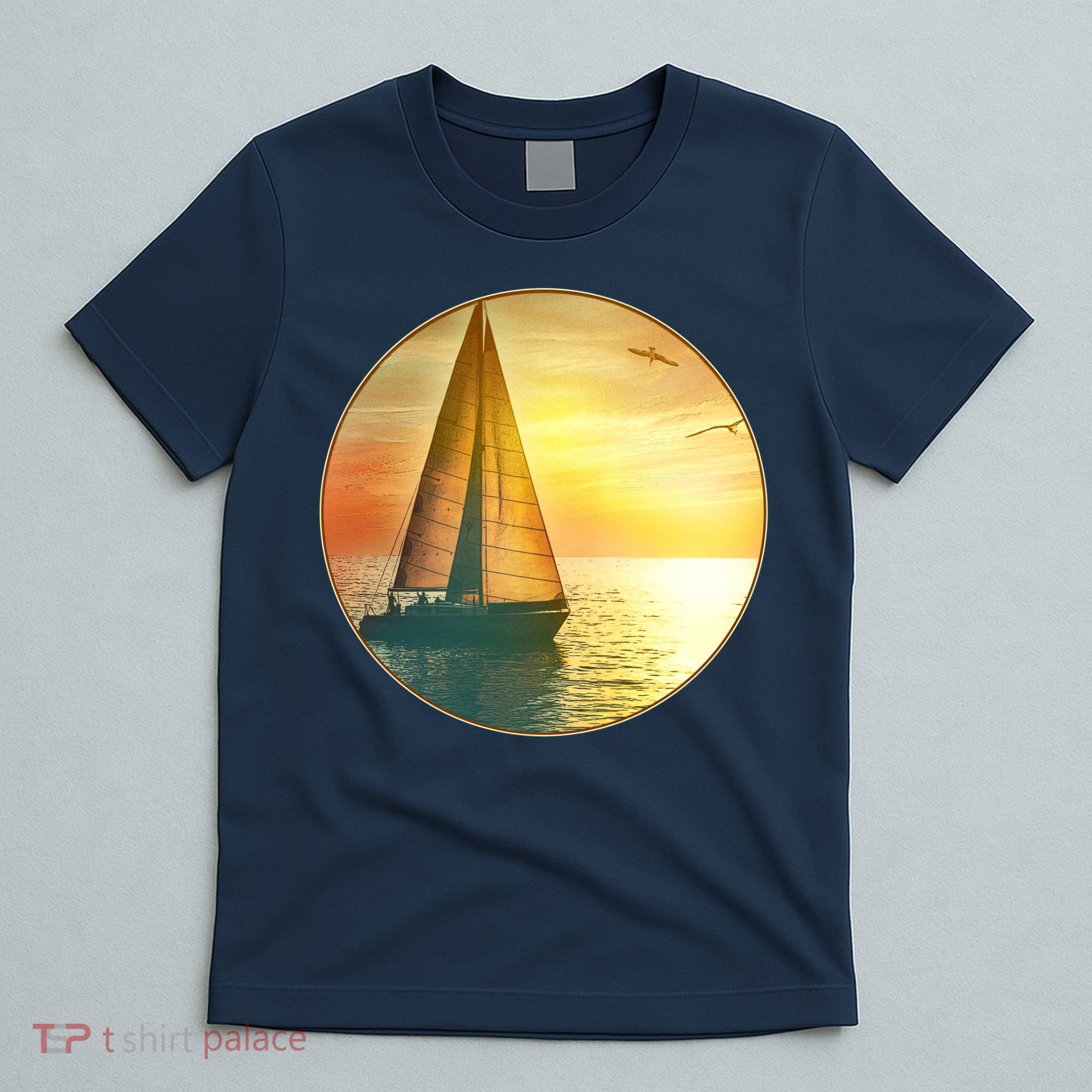 Vintage Ocean Sunset Sailboat Scene T-Shirt