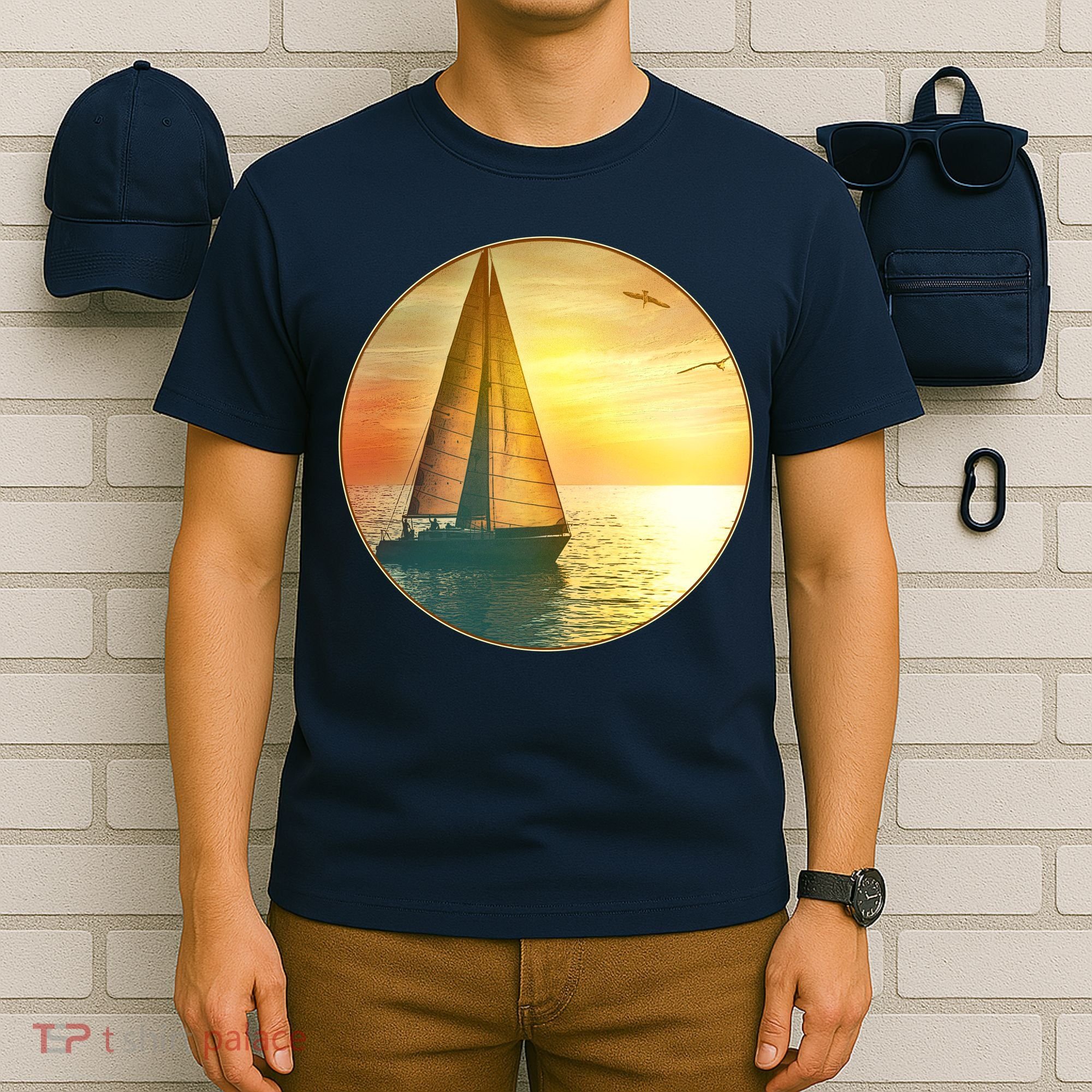 Vintage Ocean Sunset Sailboat Scene T-Shirt