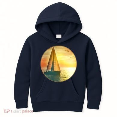 Vintage Ocean Sunset Sailboat Scene Kids Hoodie