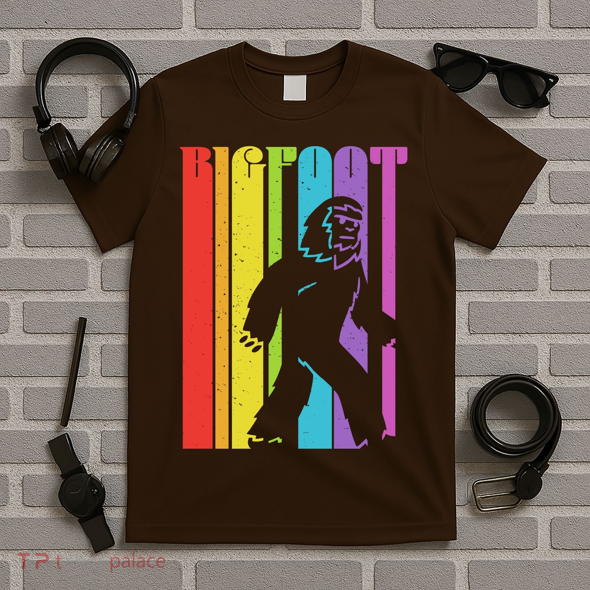 Vintage Retro Rainbow Bigfoot Silhouette T-Shirt