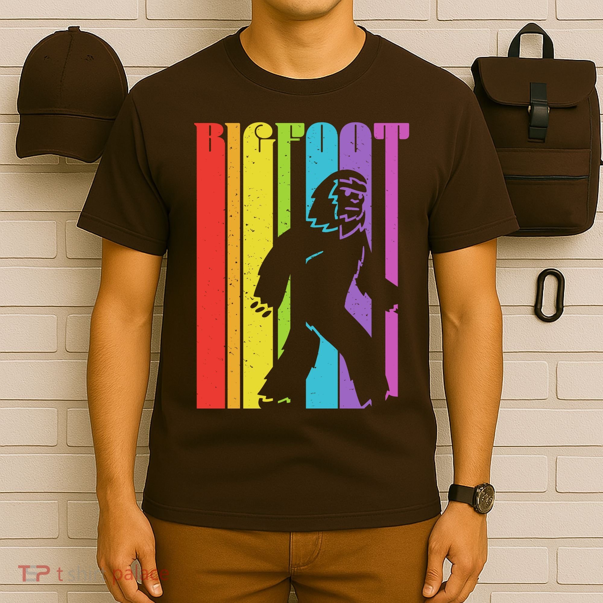 Vintage Retro Rainbow Bigfoot Silhouette T-Shirt