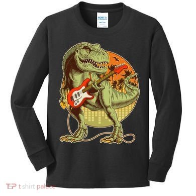 Vintage Rocking Guitar T-Rex Dinosaur Kids Long Sleeve Shirt