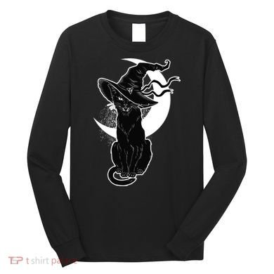 Vintage Scary Halloween Black Cat Moon Witch Long Sleeve Shirt