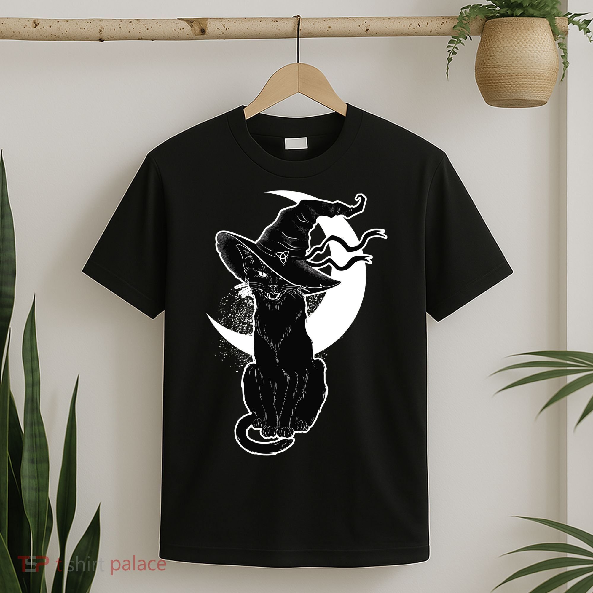 Vintage Scary Halloween Black Cat Moon Witch T-Shirt