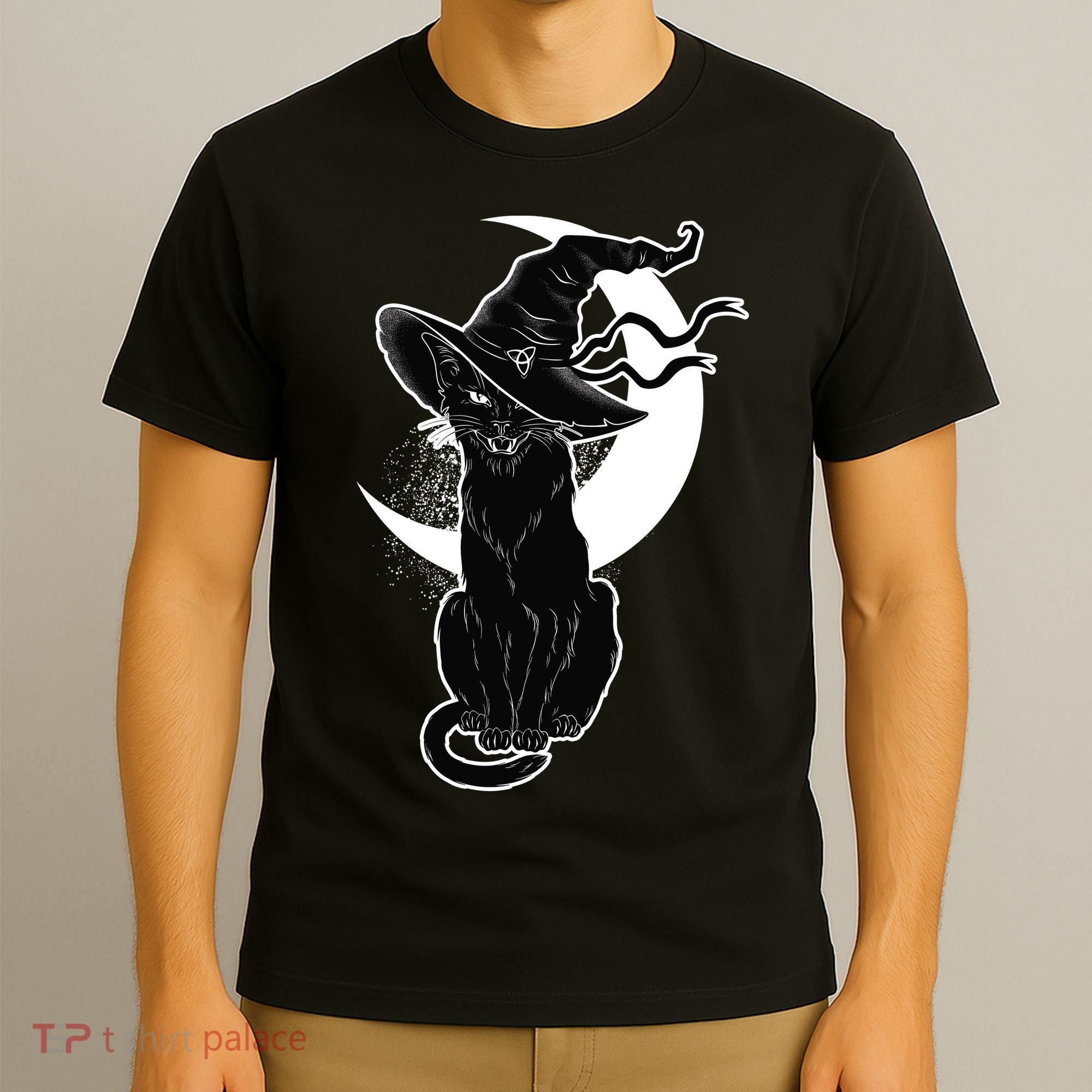 Vintage Scary Halloween Black Cat Moon Witch T-Shirt