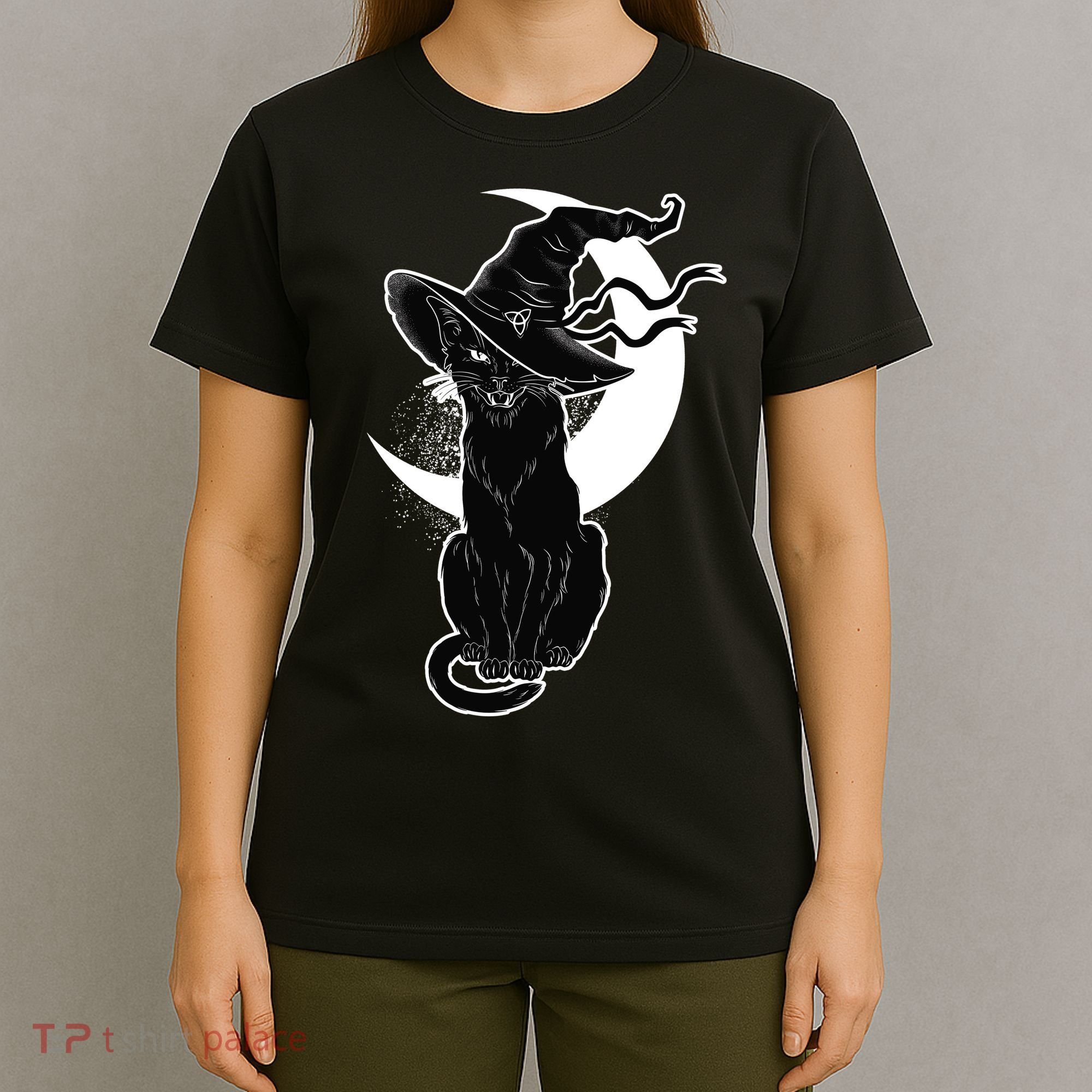 Vintage Scary Halloween Black Cat Moon Witch T-Shirt