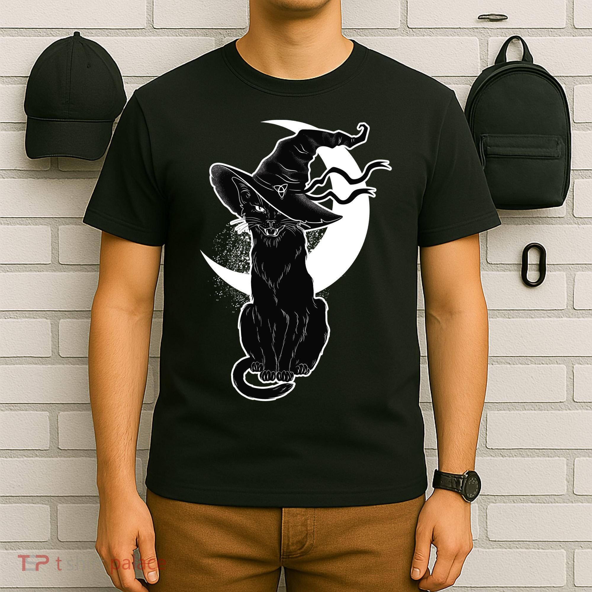 Vintage Scary Halloween Black Cat Moon Witch T-Shirt