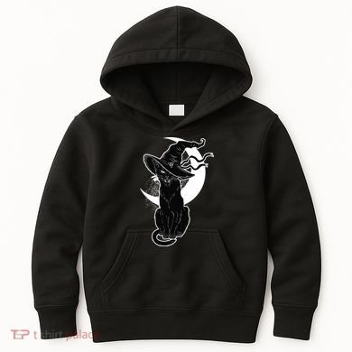 Vintage Scary Halloween Black Cat Moon Witch Kids Hoodie