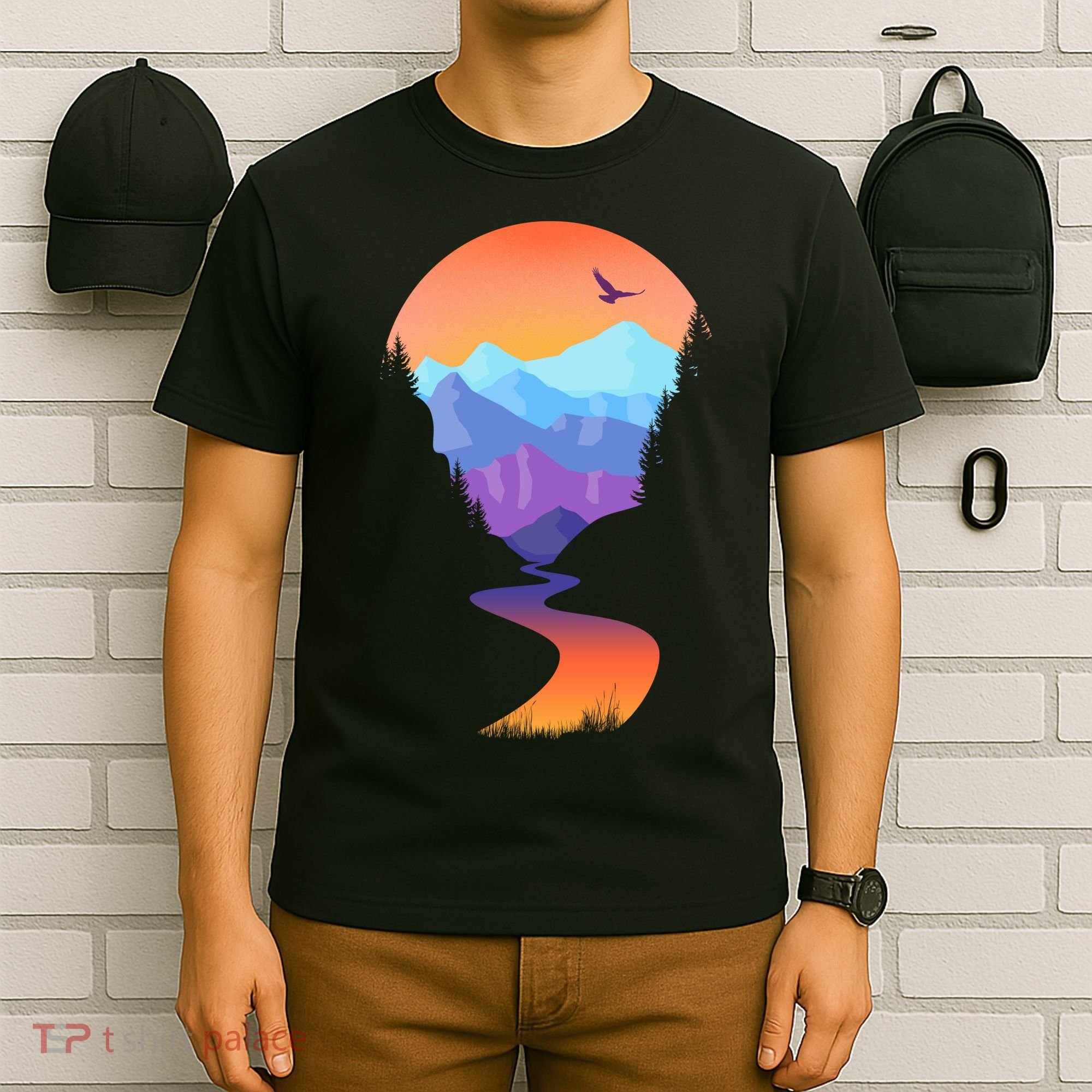 Vintage Sunset Mountain River T-Shirt