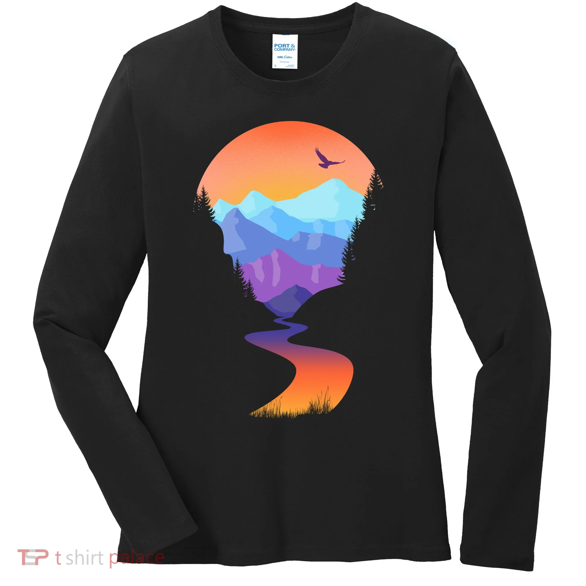 Vintage Sunset Mountain River Women's Long Sleeve Shirt