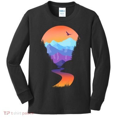 Vintage Sunset Mountain River Kids Long Sleeve Shirt