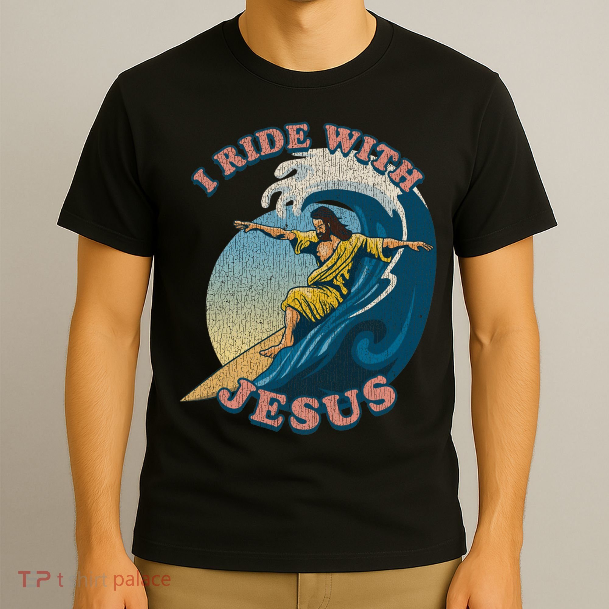 Vintage I Ride With Jesus Surfing Jesus T-Shirt