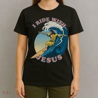 Vintage I Ride With Jesus Surfing Jesus T-Shirt thumb 4