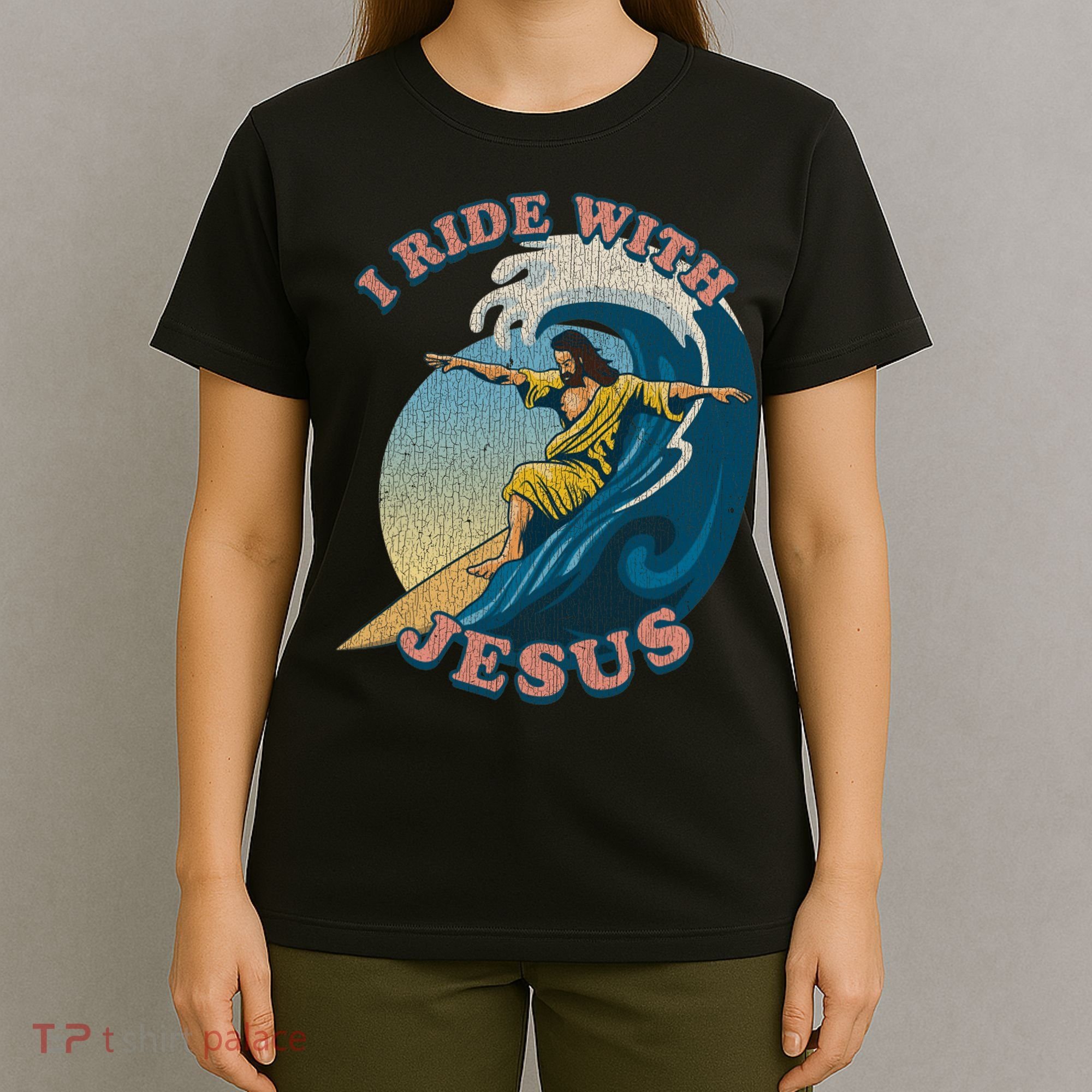Vintage I Ride With Jesus Surfing Jesus T-Shirt