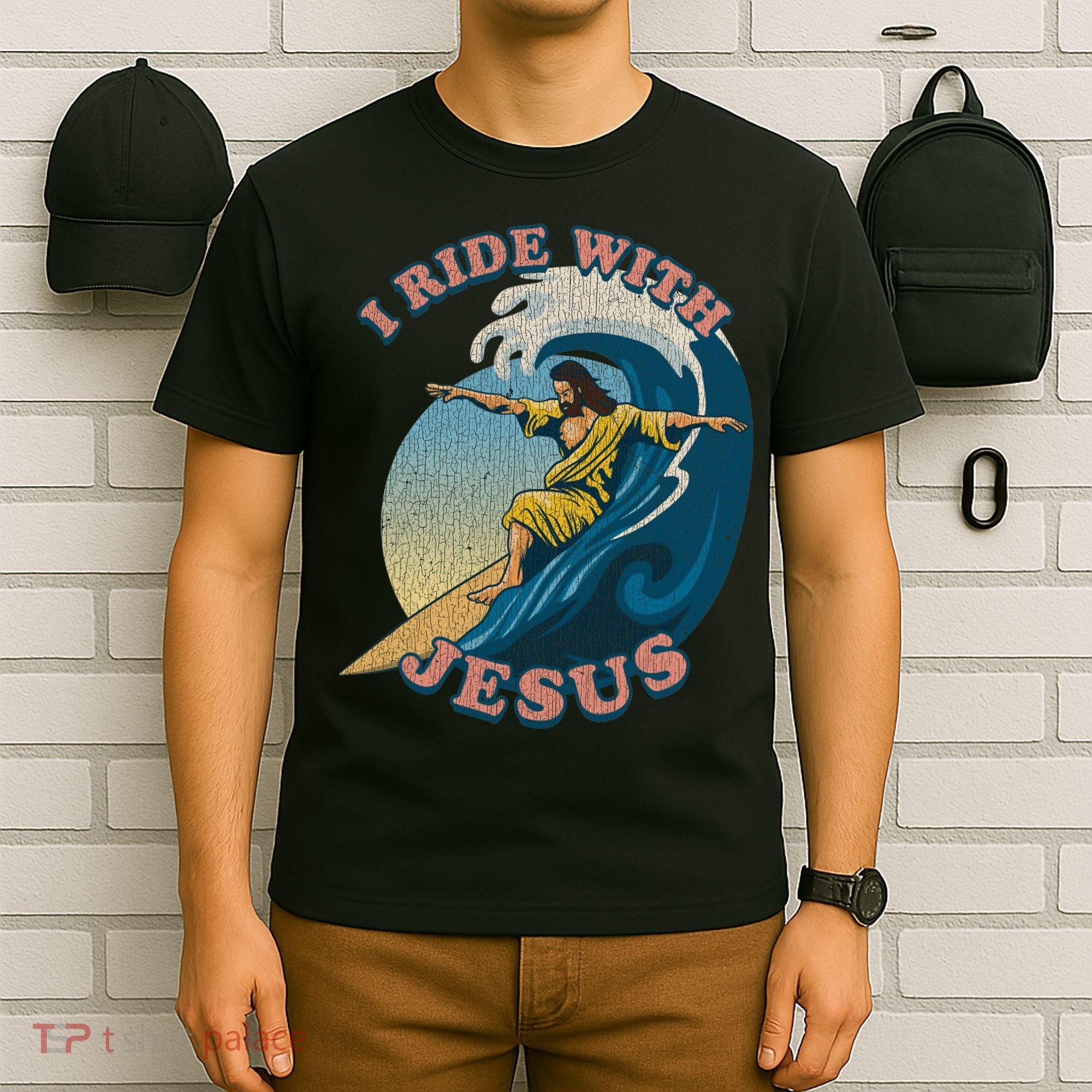 Vintage I Ride With Jesus Surfing Jesus T-Shirt