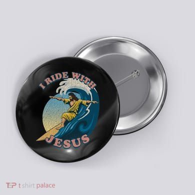 Vintage I Ride With Jesus Surfing Jesus Button