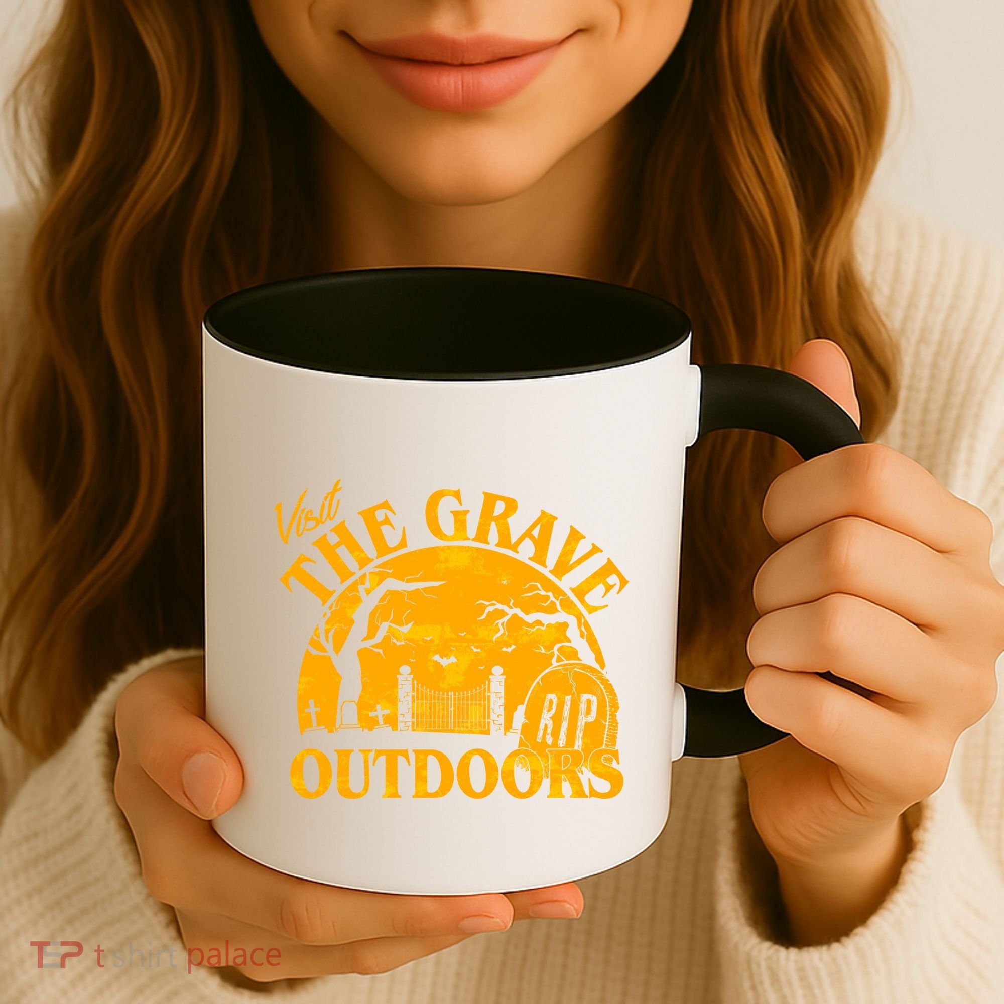 Visit The Grave Outdoors Funny Halloween Coffee Mug