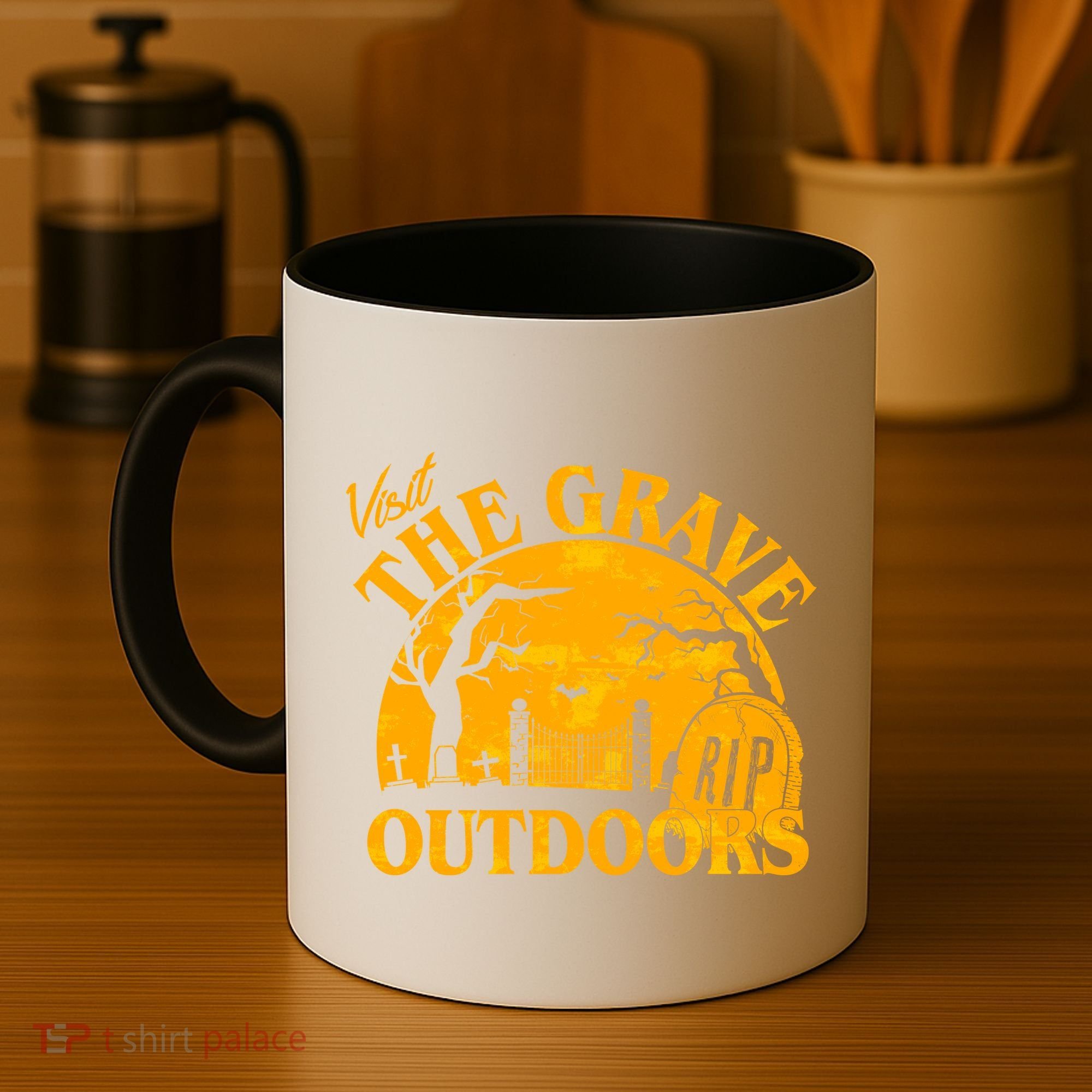 Visit The Grave Outdoors Funny Halloween Coffee Mug