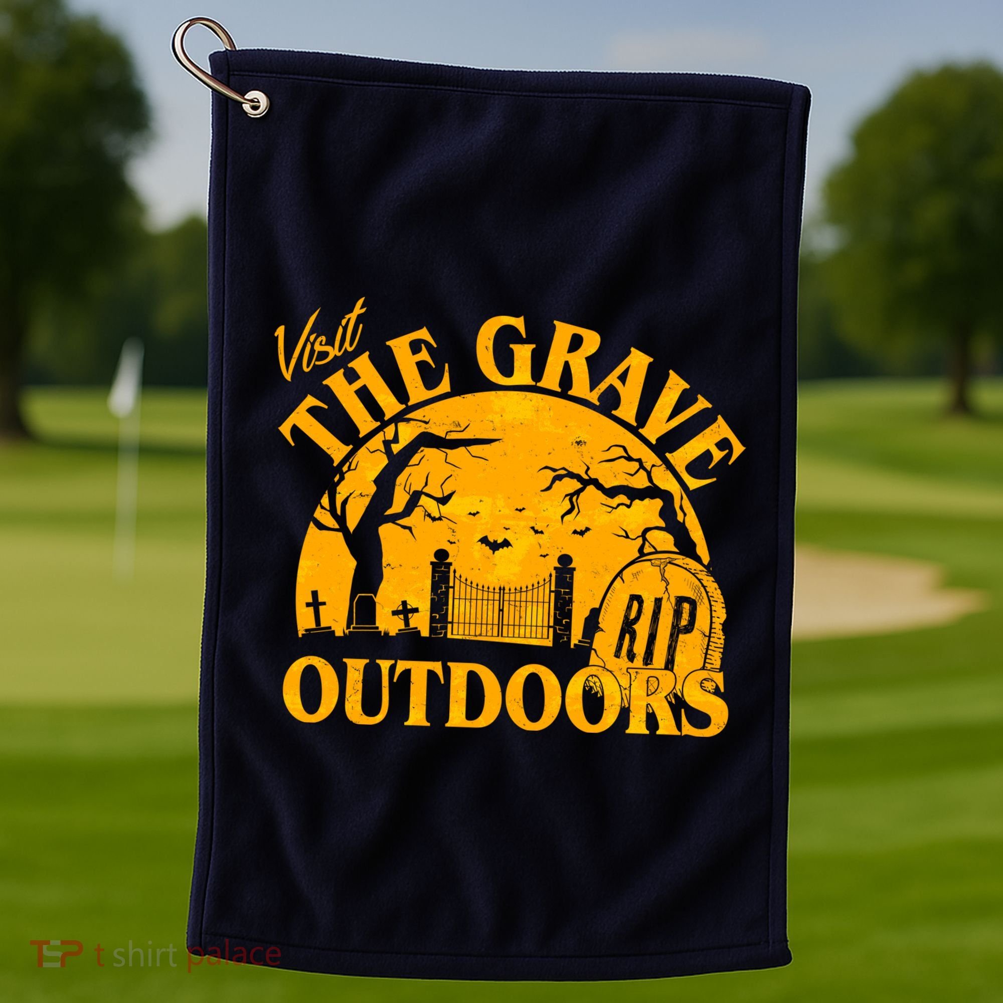 Visit The Grave Outdoors Funny Halloween Golf Towel