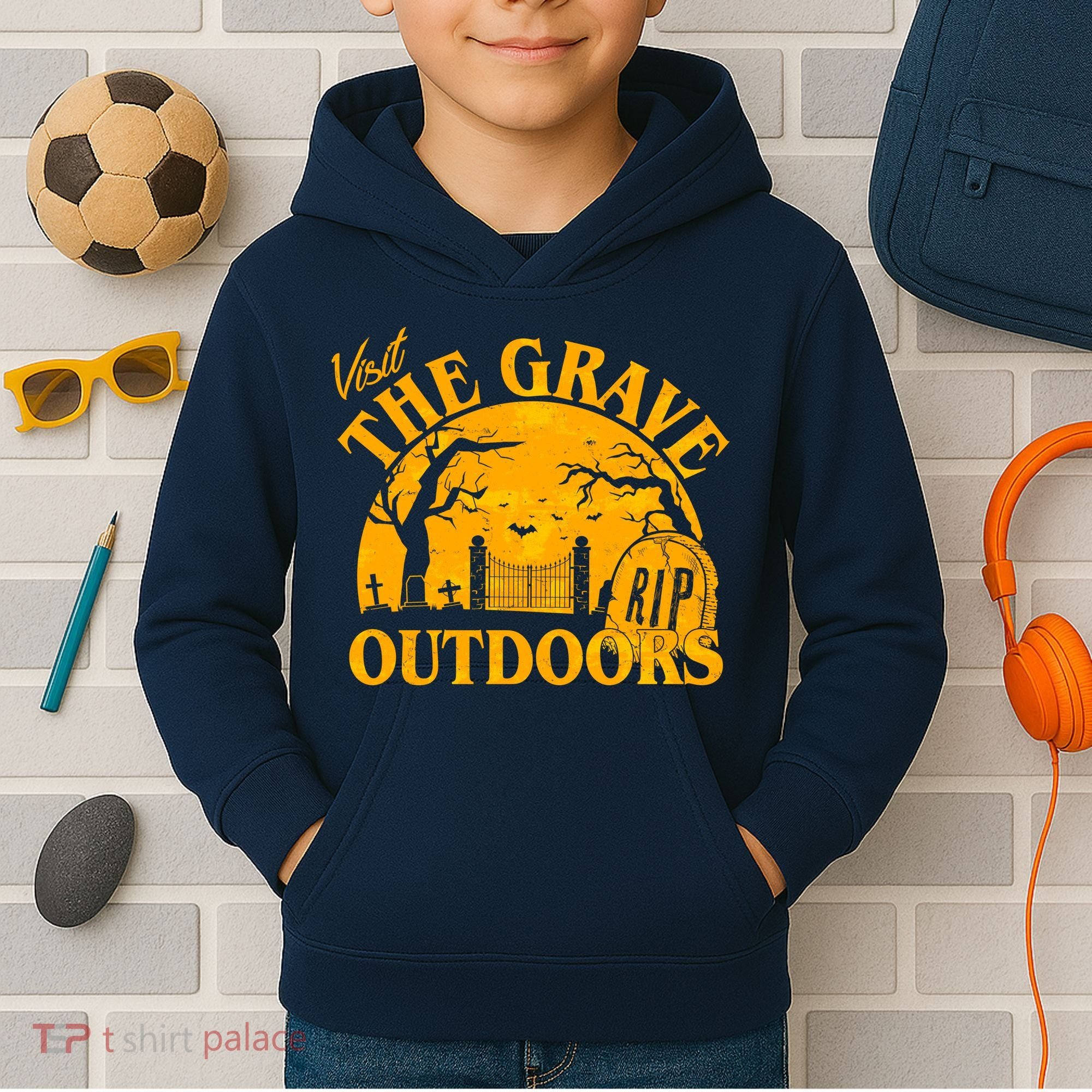 Visit The Grave Outdoors Funny Halloween Kids Hoodie