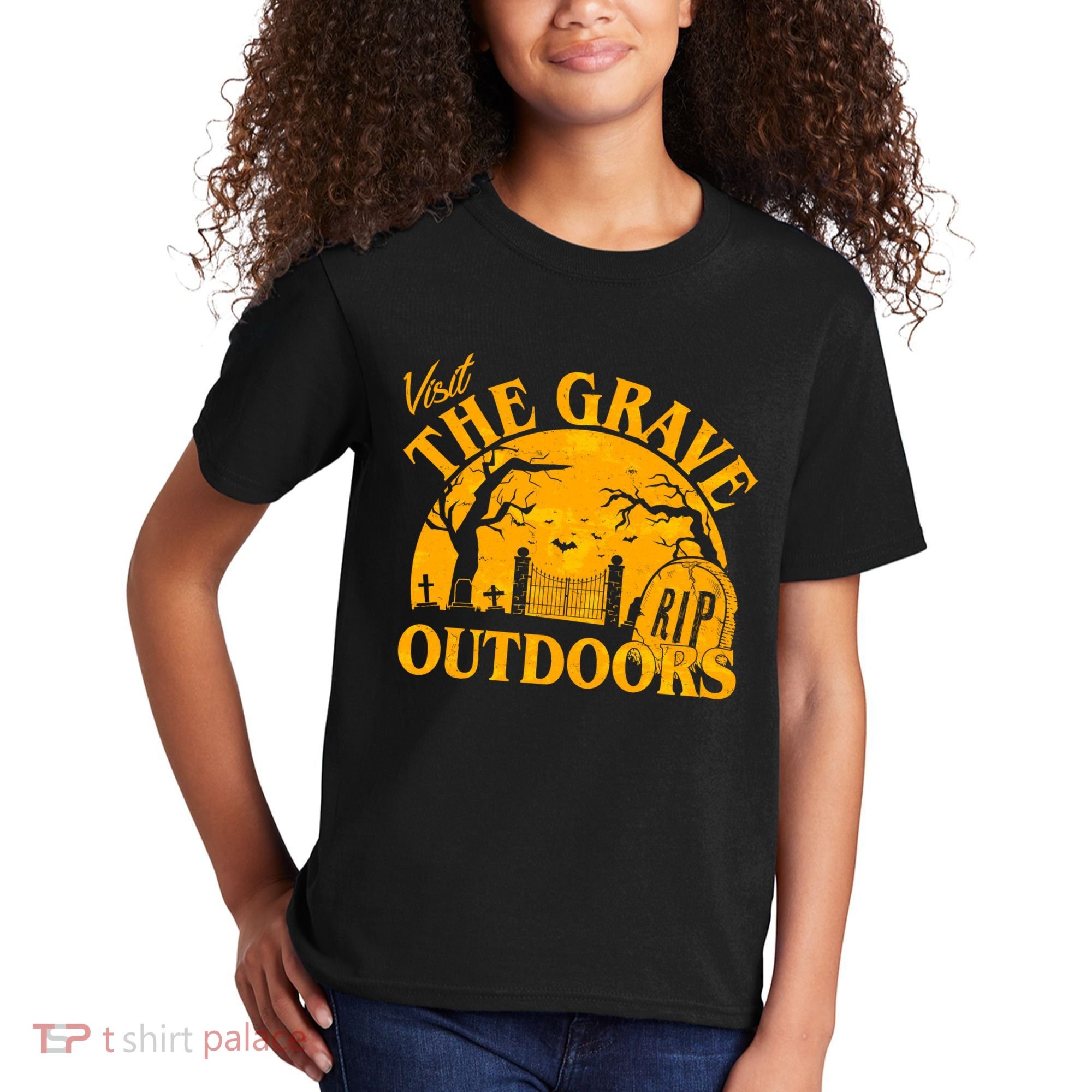 Visit The Grave Outdoors Funny Halloween Kids T-Shirt