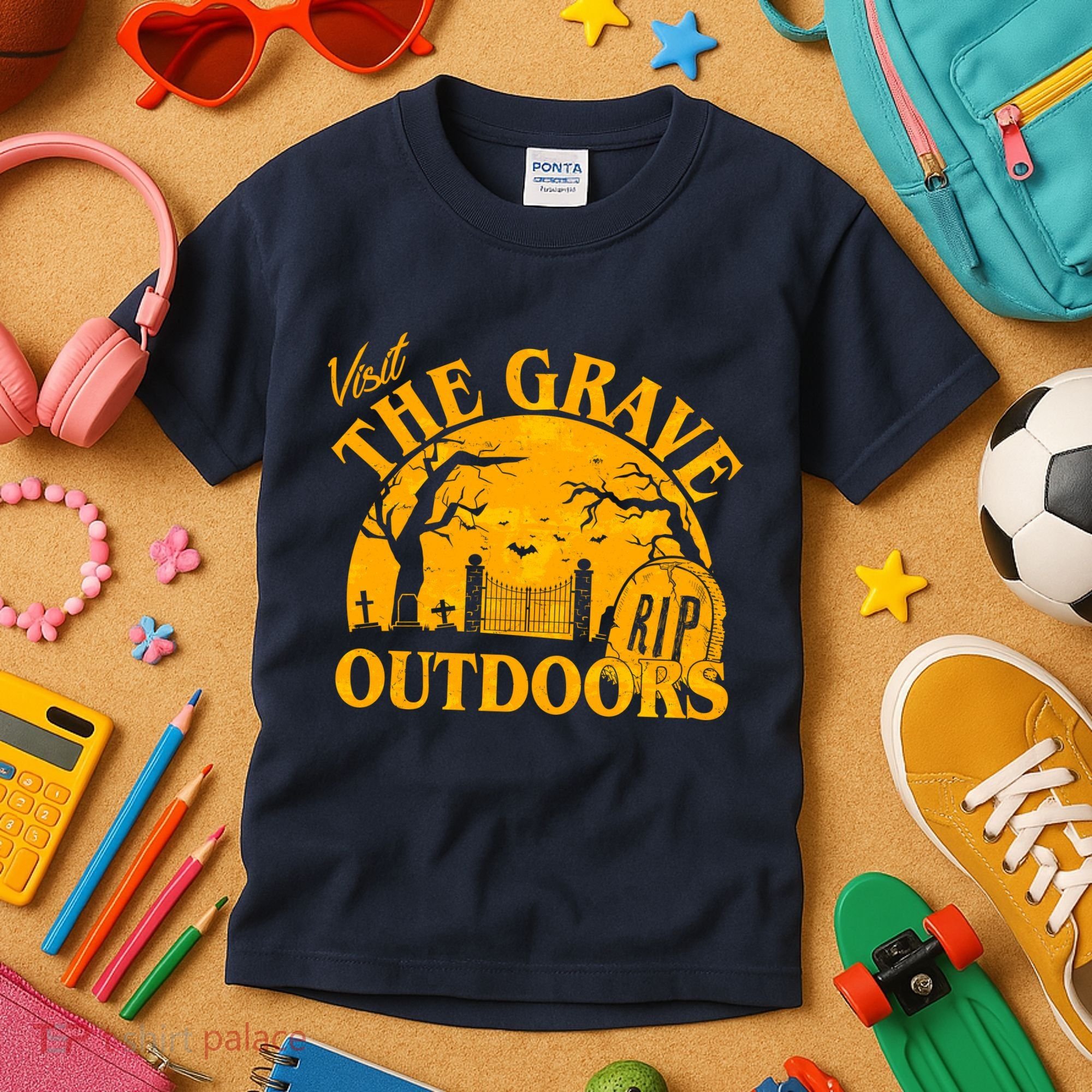 Visit The Grave Outdoors Funny Halloween Kids T-Shirt