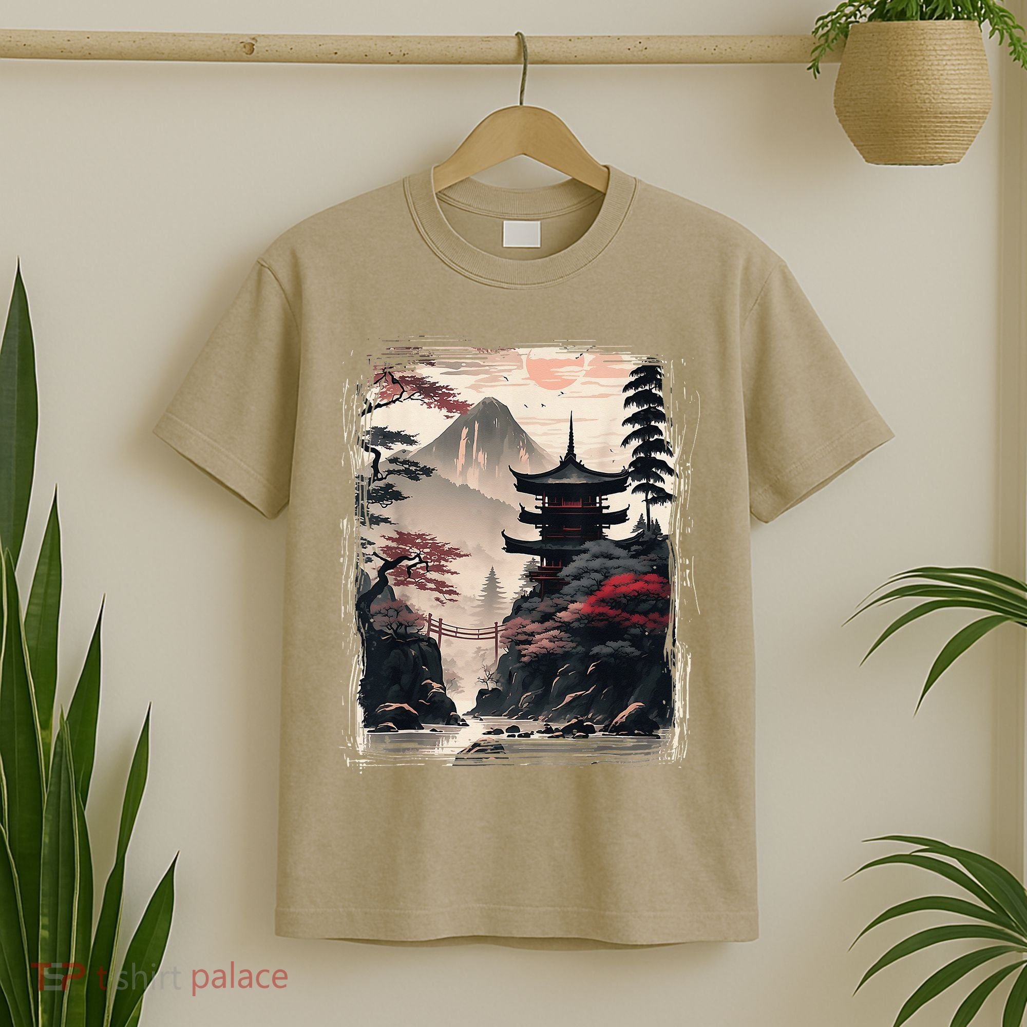 Vintage Japanese Flower Mountain View Landscape Graphic T-Shirt
