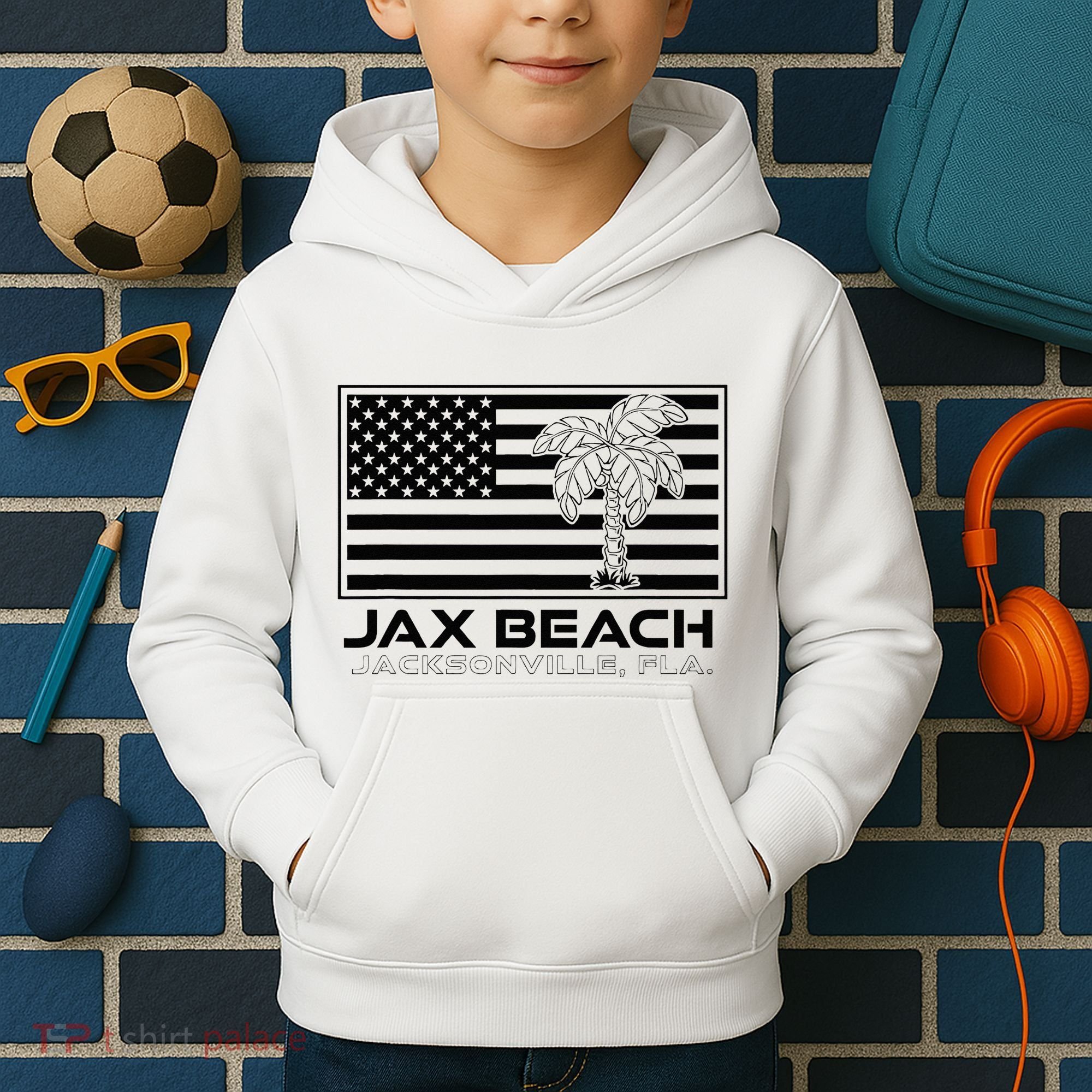 Visit Jacksonville Florida Vacation USA Flag Palms Jax Beach Kids Hoodie