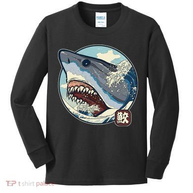Vintage Japanese Great Wave Shark Attack Kids Long Sleeve Shirt