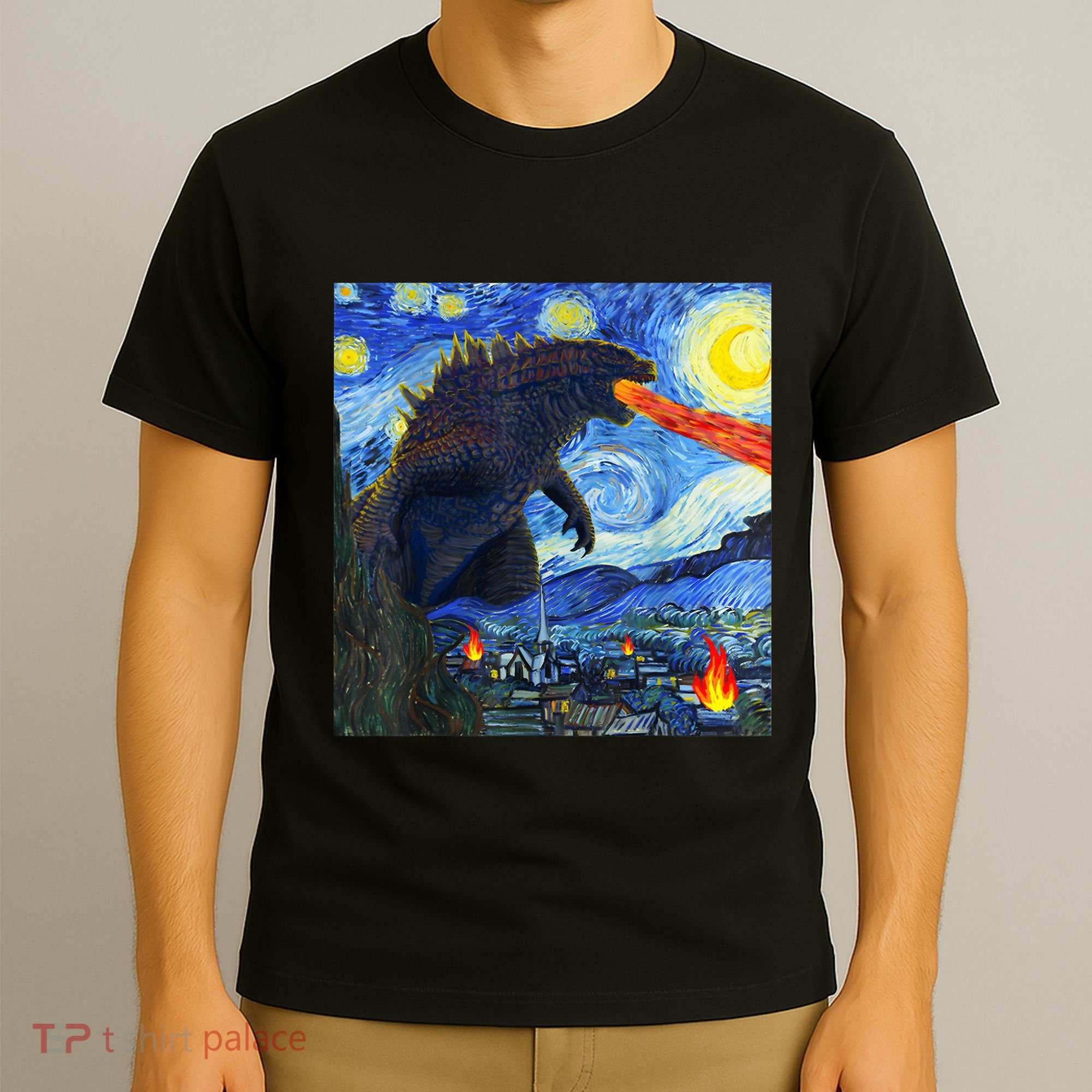 Vintage Japanese Monster Kaiju In Van Gogh Starry Night T-Shirt