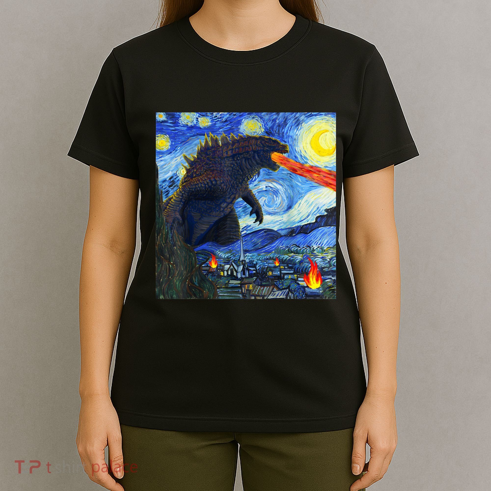 Vintage Japanese Monster Kaiju In Van Gogh Starry Night T-Shirt