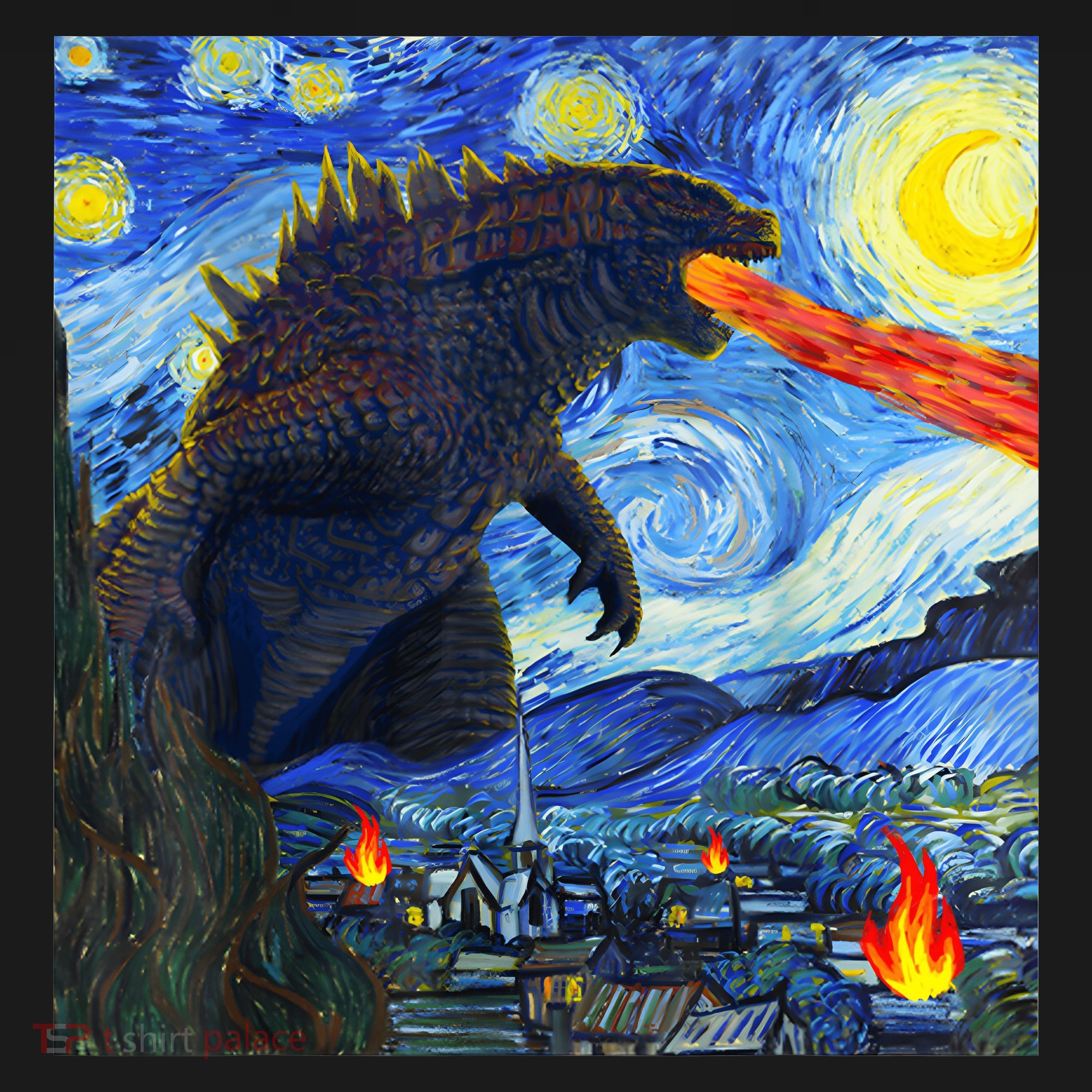 Vintage Japanese Monster Kaiju In Van Gogh Starry Night T-Shirt