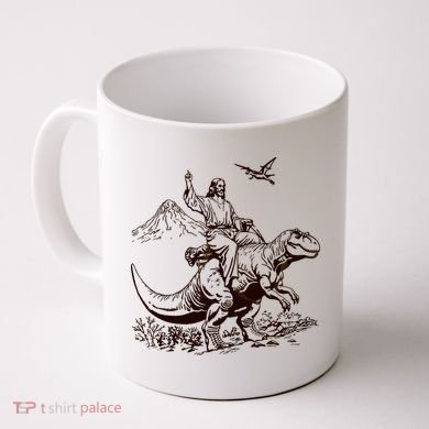 Vintage Jesus Riding Dinosaur 90s Coffee Mug
