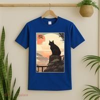 Vintage Japanese Scenery Kanji Writing Journey Black Cat Gift T-Shirt thumb 2