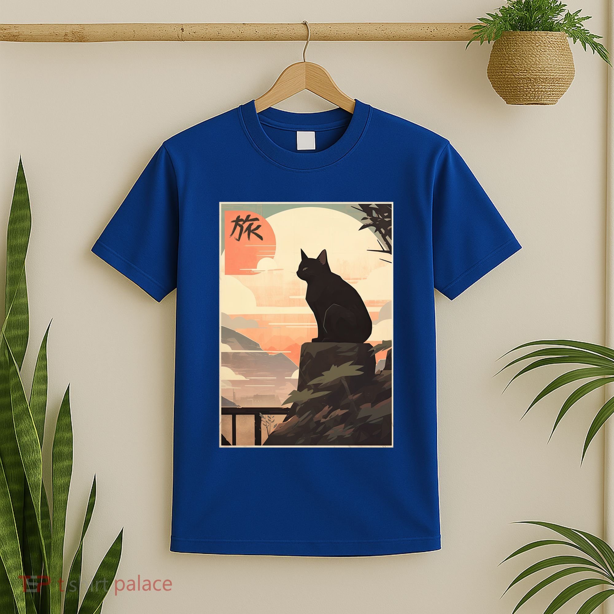 Vintage Japanese Scenery Kanji Writing Journey Black Cat Gift T-Shirt
