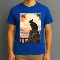 Vintage Japanese Scenery Kanji Writing Journey Black Cat Gift T-Shirt thumb 3