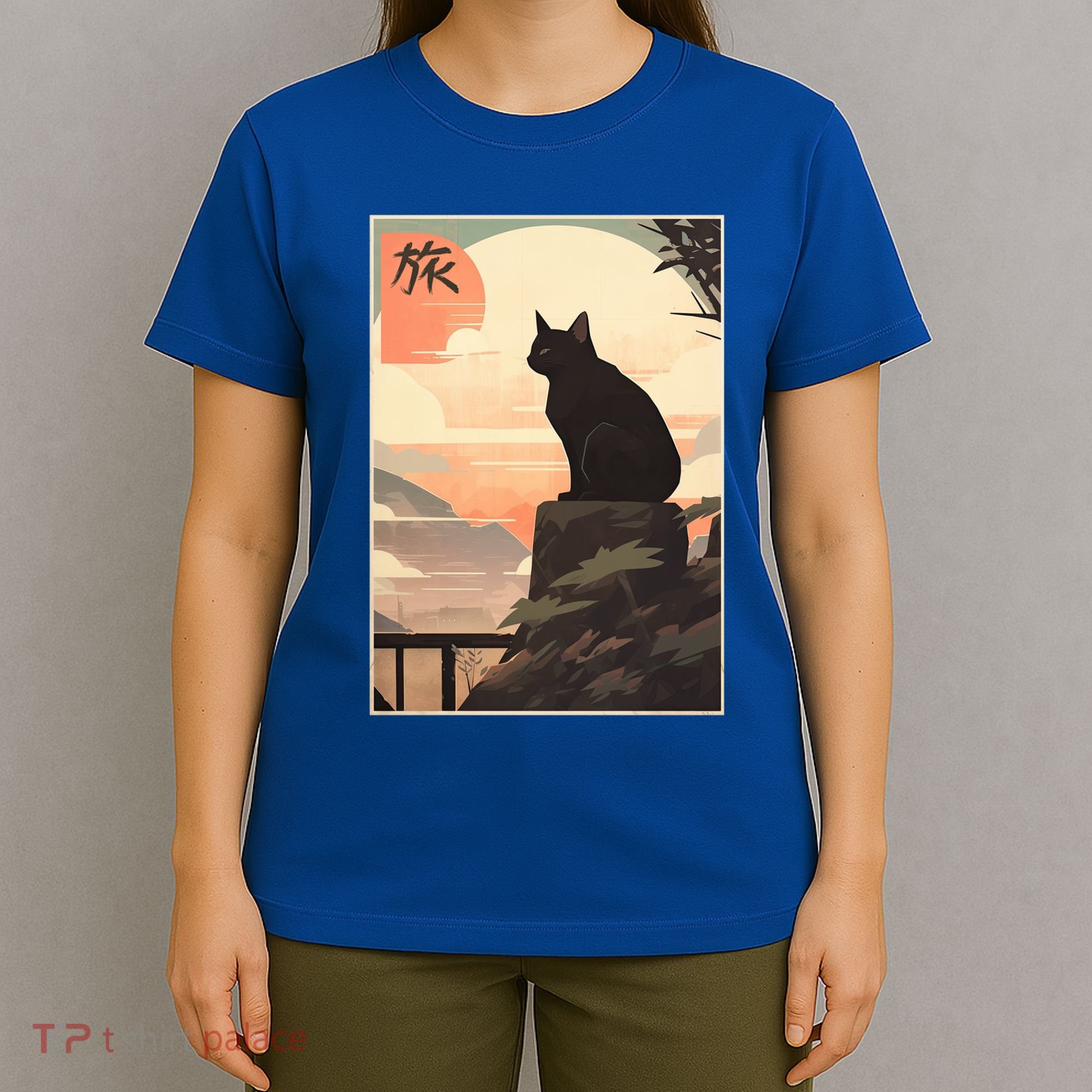 Vintage Japanese Scenery Kanji Writing Journey Black Cat Gift T-Shirt