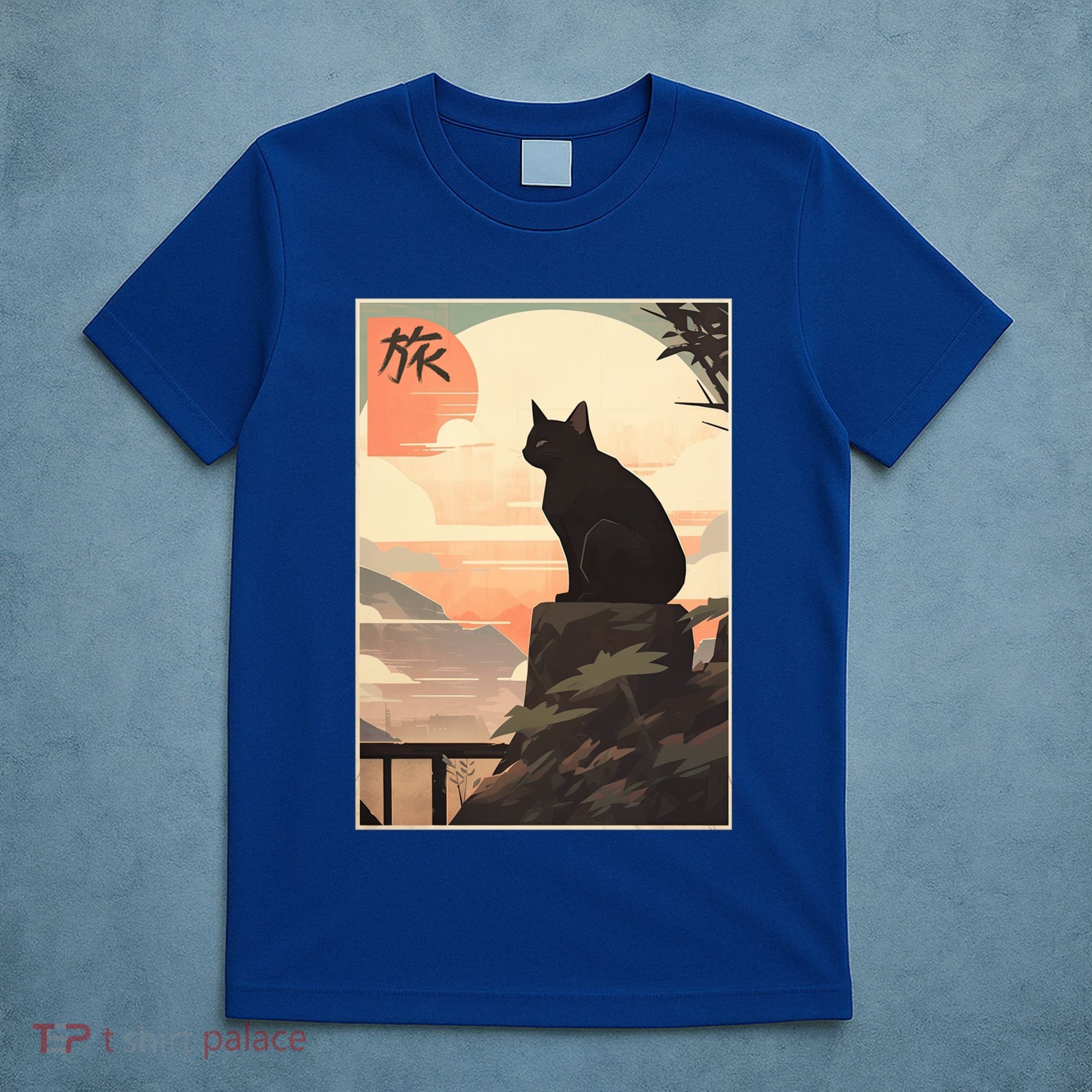 Vintage Japanese Scenery Kanji Writing Journey Black Cat Gift T-Shirt