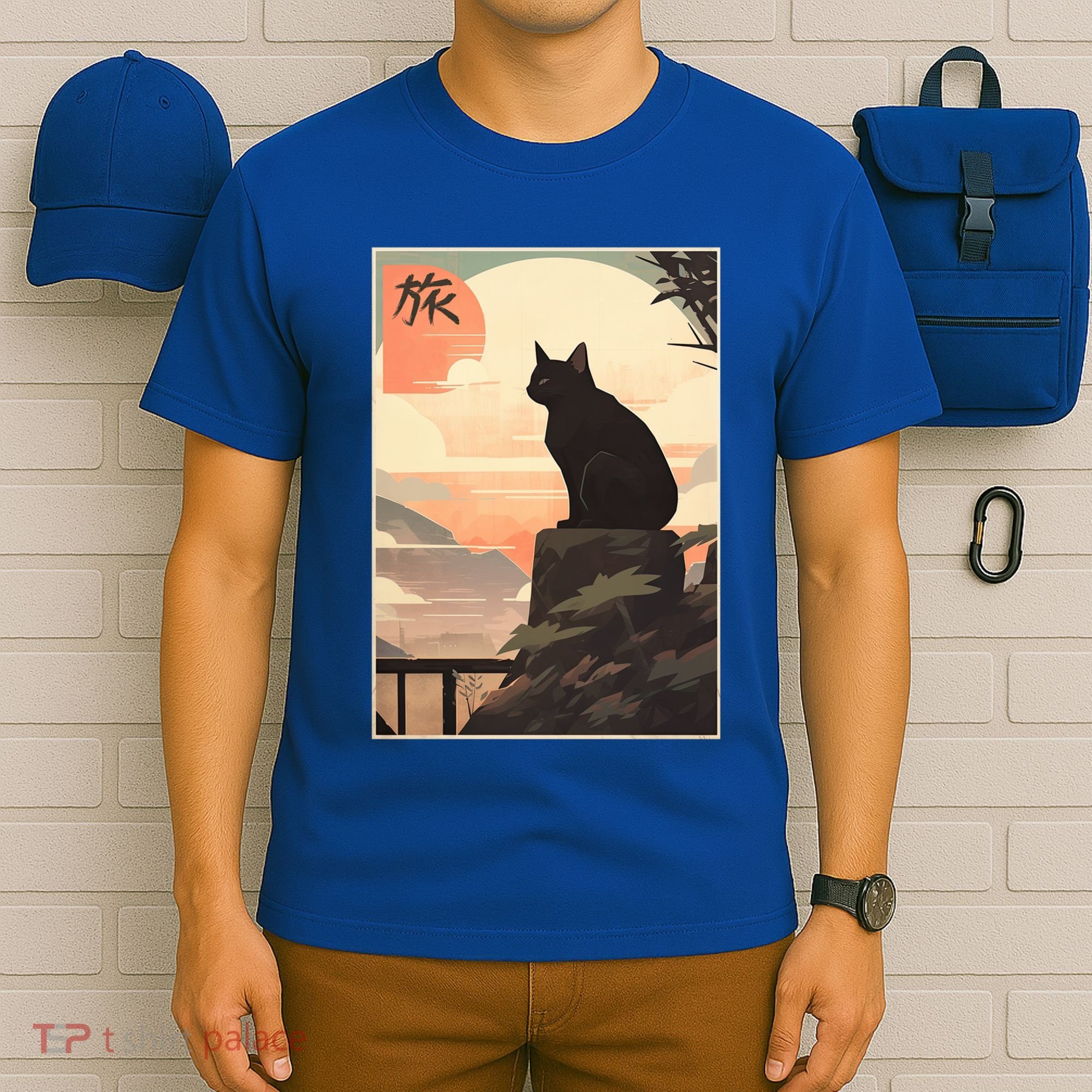 Vintage Japanese Scenery Kanji Writing Journey Black Cat Gift T-Shirt