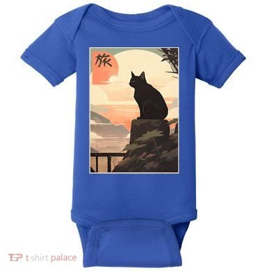 Vintage Japanese Scenery Kanji Writing Journey Black Cat Gift Baby Bodysuit
