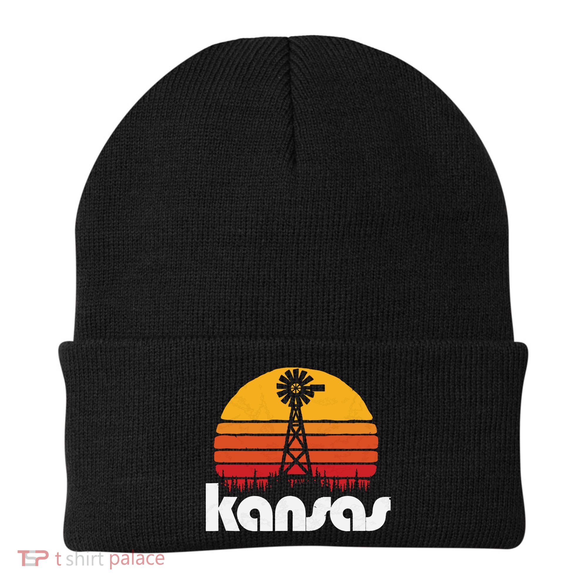 Vintage Kansas Distressed 80s Sun Windmill Graphic Beanie