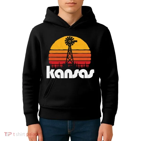Vintage Kansas Distressed 80s Sun Windmill Graphic Kids Hoodie