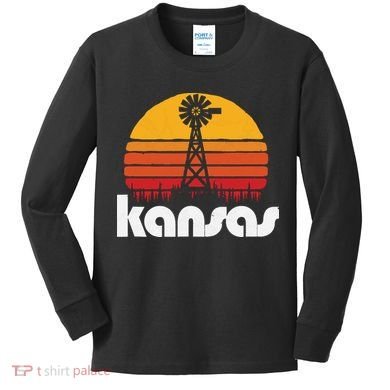 Vintage Kansas Distressed 80s Sun Windmill Graphic Kids Long Sleeve Shirt