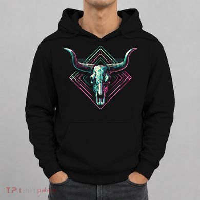 Vaporwave Longhorn Cow Cattle Skull Art 80s 90s Hoodie