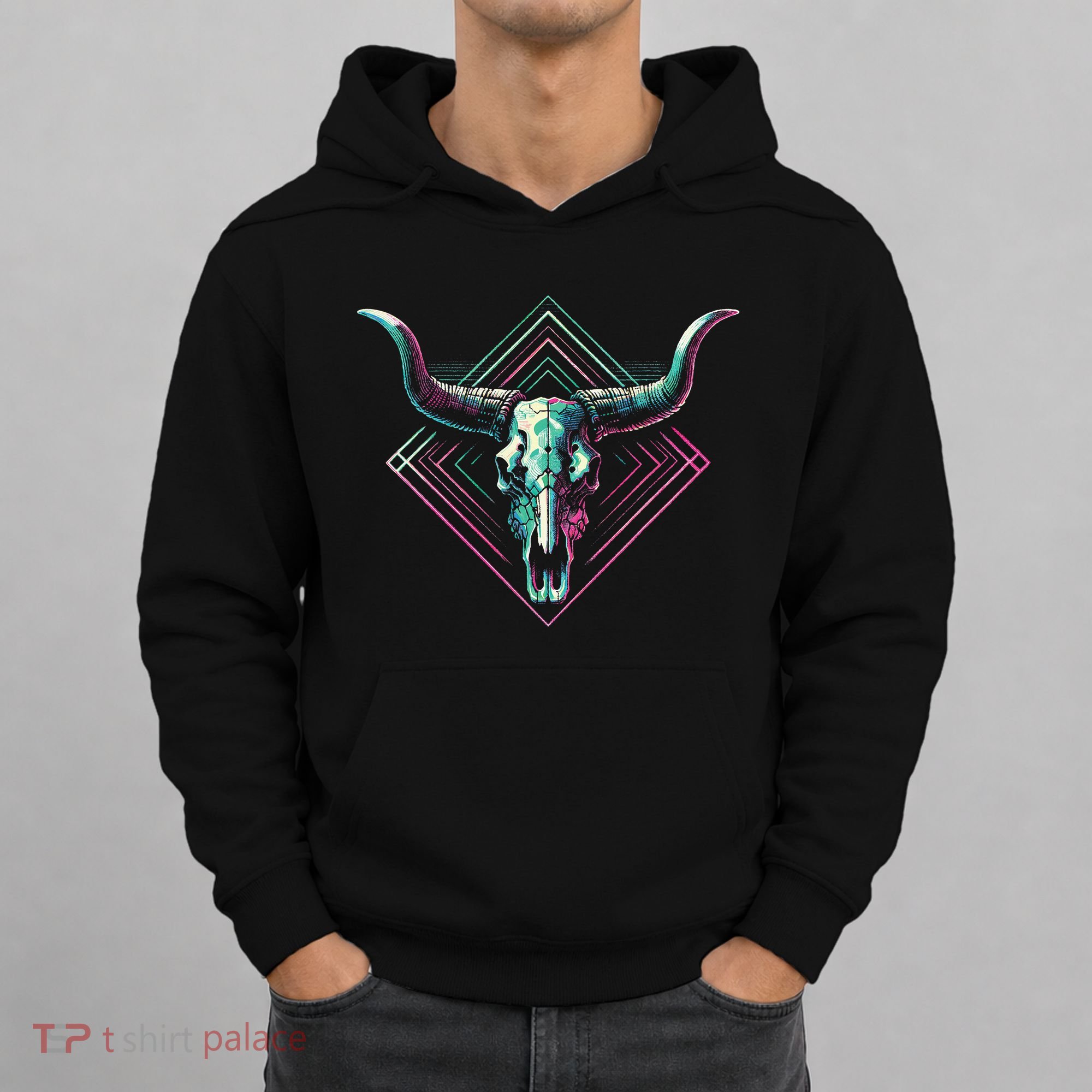 Vaporwave Longhorn Cow Cattle Skull Art 80s 90s Hoodie