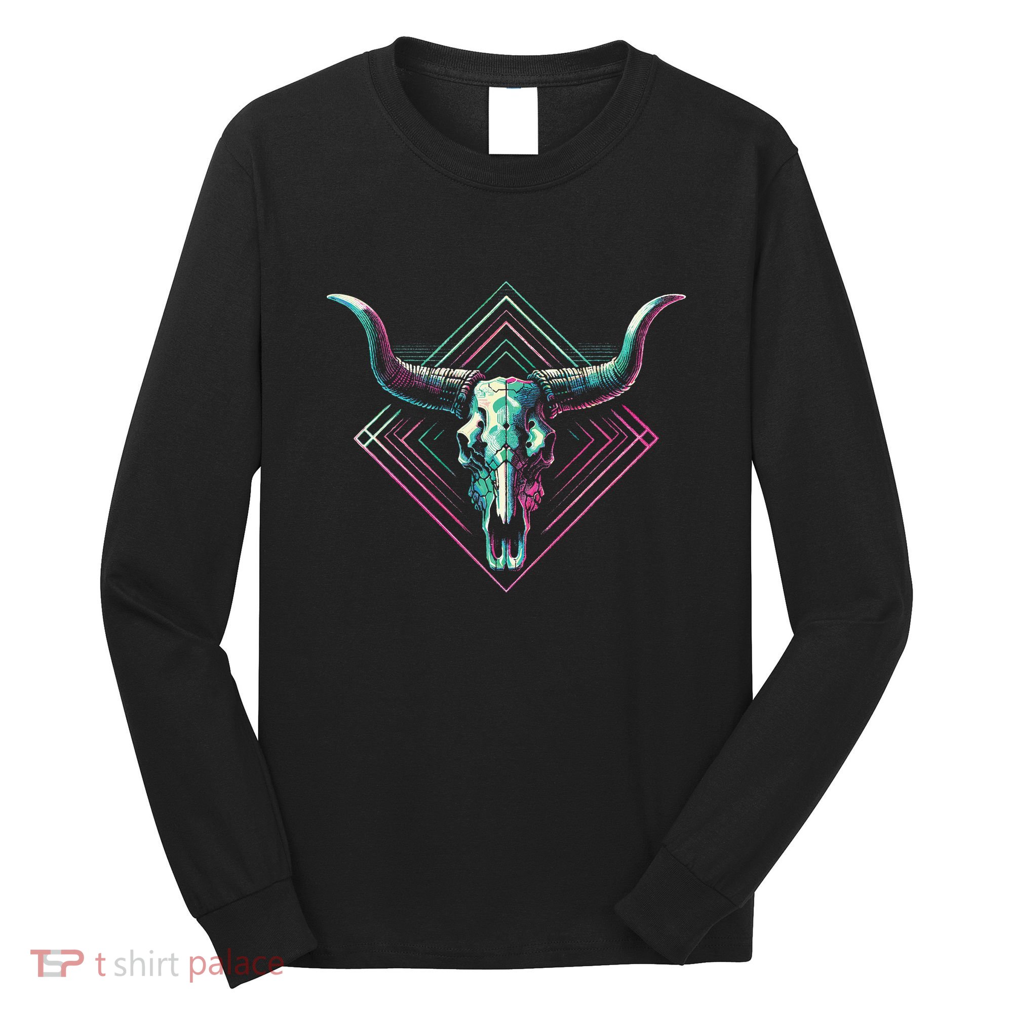 Vaporwave Longhorn Cow Cattle Skull Art 80s 90s Long Sleeve Shirt