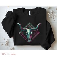 Vaporwave Longhorn Cow Cattle Skull Art 80s 90s Sweatshirt thumb 2