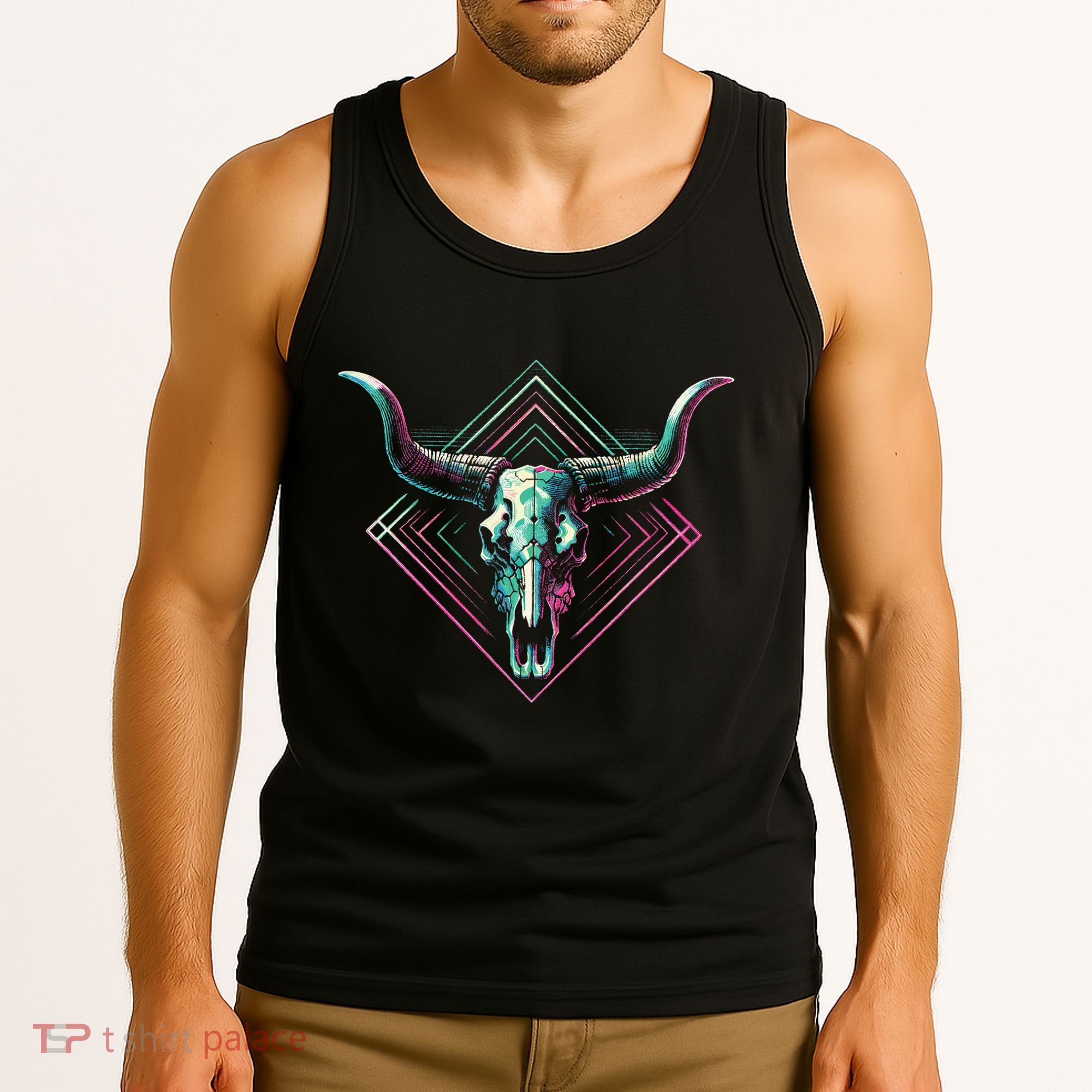 Vaporwave Longhorn Cow Cattle Skull Art 80s 90s Tank Top