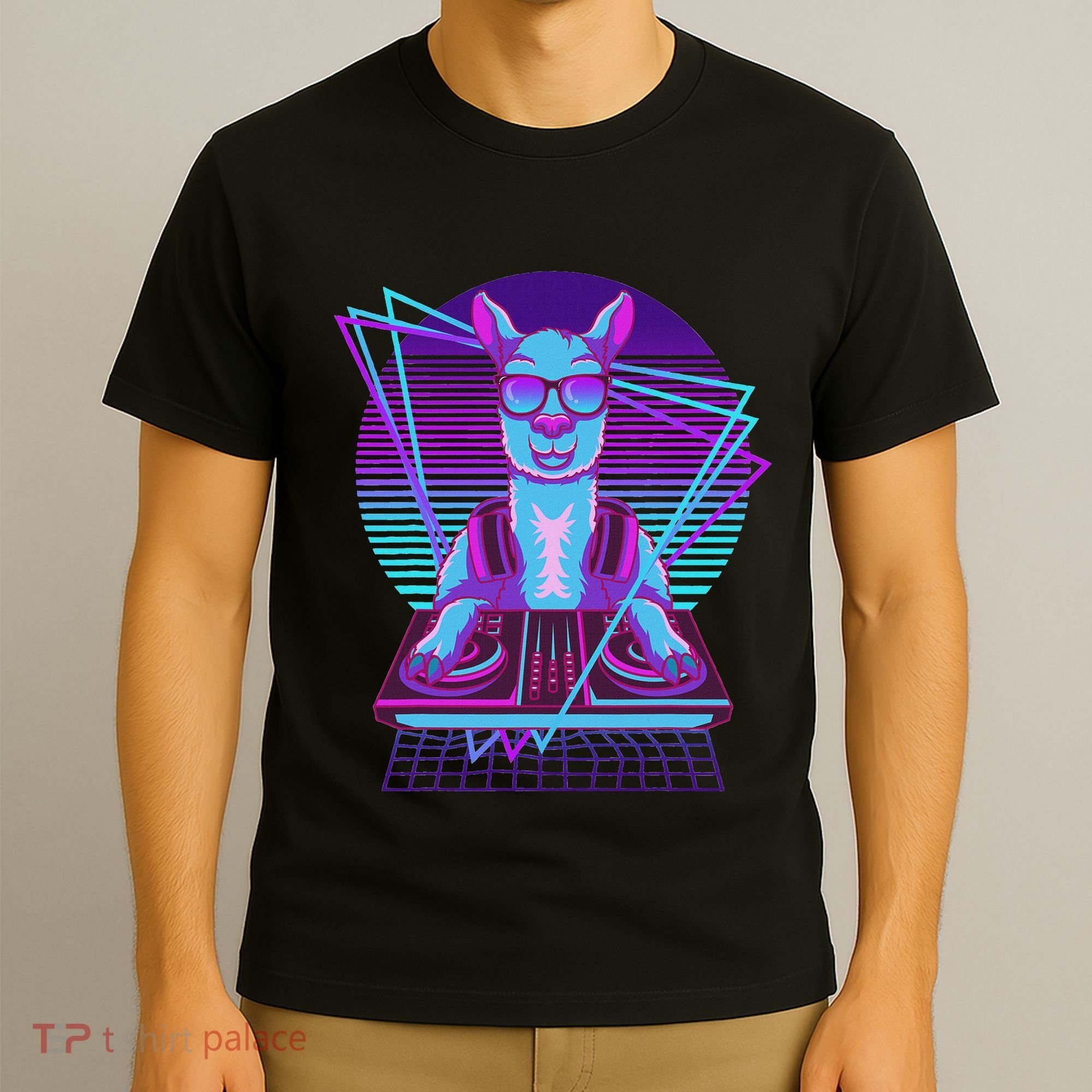 Vaporwave Llama Dj Turntable Sunglass Llama T-Shirt